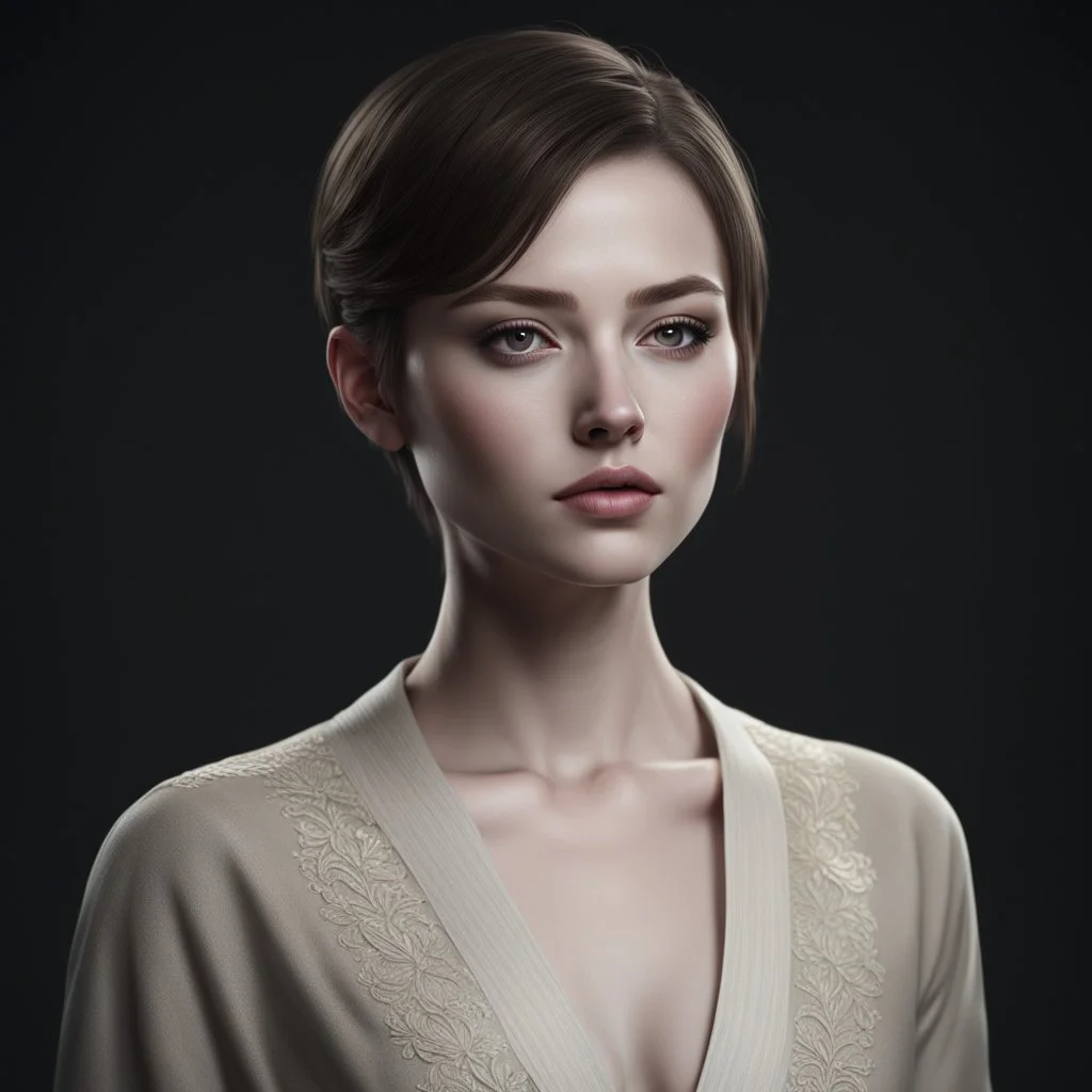 ((young woman pale skin)), dark background, mid shot, full body, neutral expression, short hair, ultra realistic, highres, superb, 8k wallpaper, extremely detailed, intricate, limited palette,