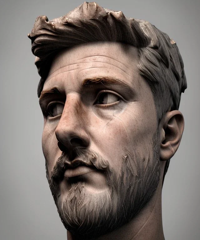 Gran angular, Realistic image, roman sculpture, marble deluxe material, Lionel Messi, gold Laurel leaves crown model, miguel angel style, chisel style, emperador, waist up portrait, cinematic lighting, God light, god rays, 4k resolution, smooth details, ornate details, soft lighting, unreal engine 5, soft cyan background.