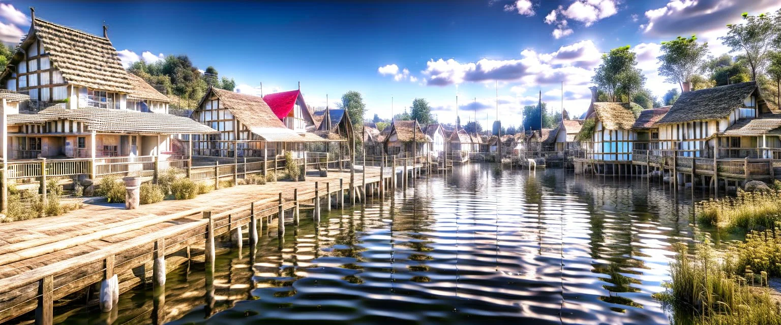 lake city during the iron age realistic, photorealistic, natural lighting, elegant HDR complex picture Octane hyper realistic cinematic reflections very detailed