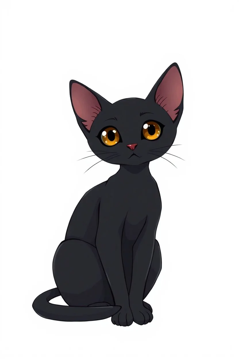 thin black cat on white background, sitting proud, large eyes, anime