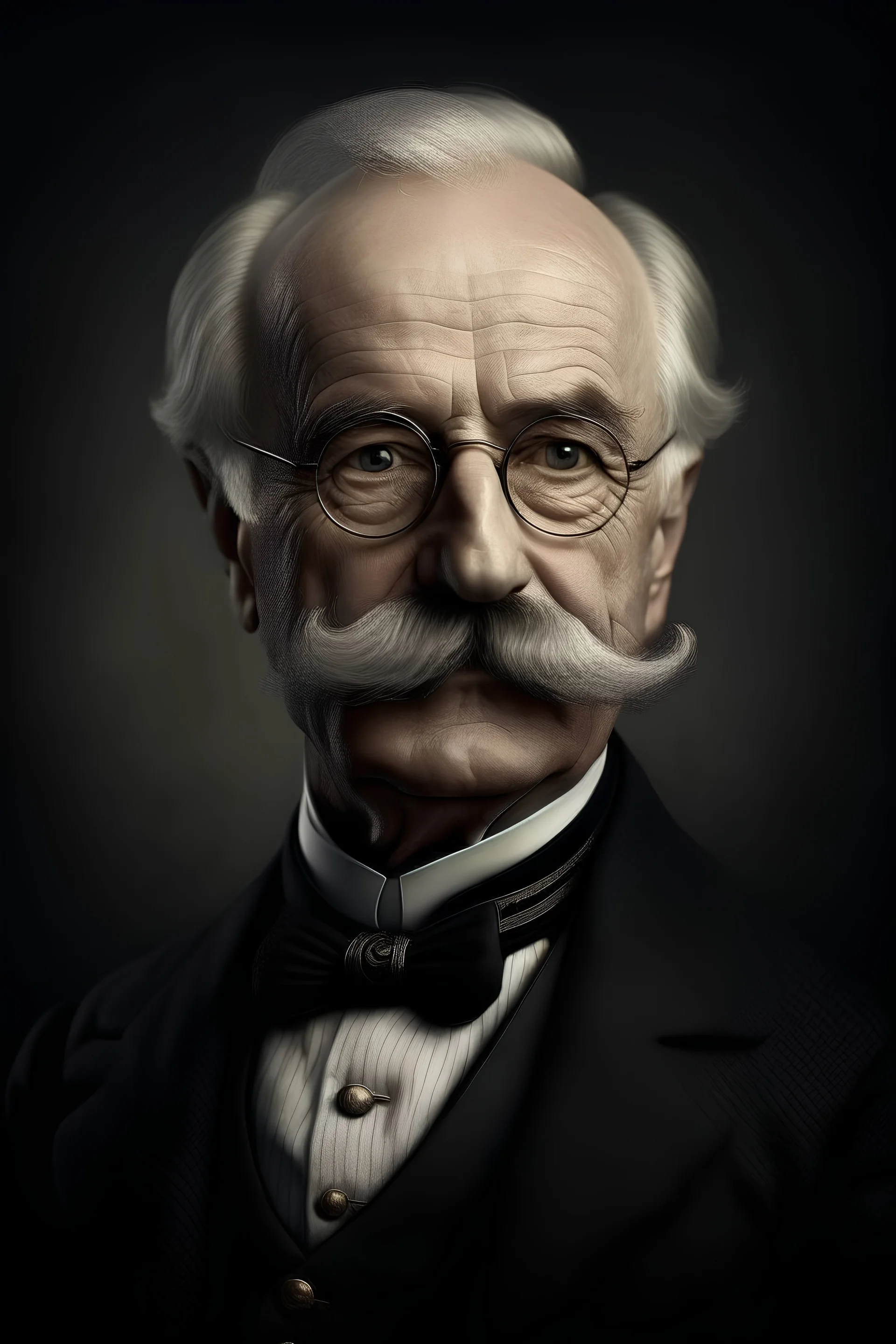 A fantasy picture of an old man butler, with mustache, round glasses