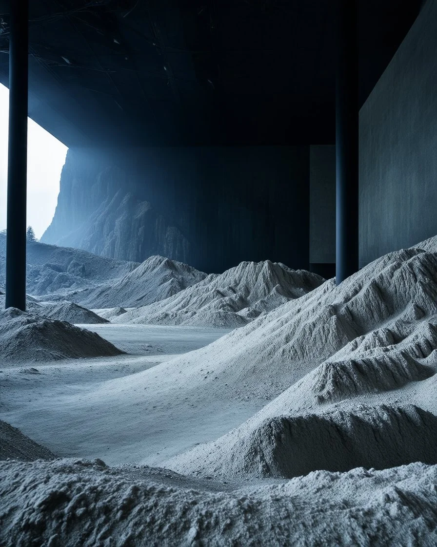 Photograph, NO PEOPLE, a mass of terrain, giant museum space, trees, black pillars, high walls, high peak in a room, rag, powder, brook, sediments, deflagration of the background, geological formation, light, architecture, minimalist, details of the terrain very accentuated, 8k, deep 3d field, sharp, brutalist, hasselblad h6d400c --ar 85:128 --v 6.0