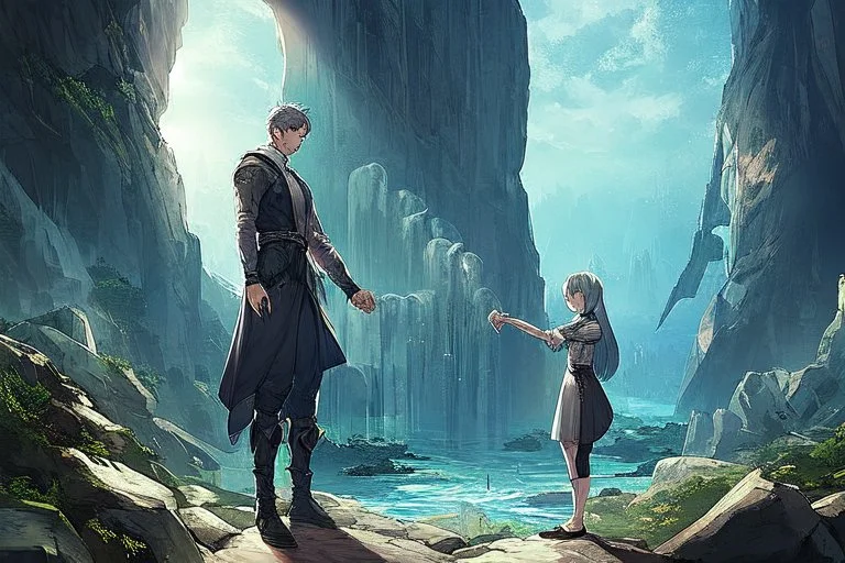 Only one guy and a girl are standing on the edge of a cliff and holding hands