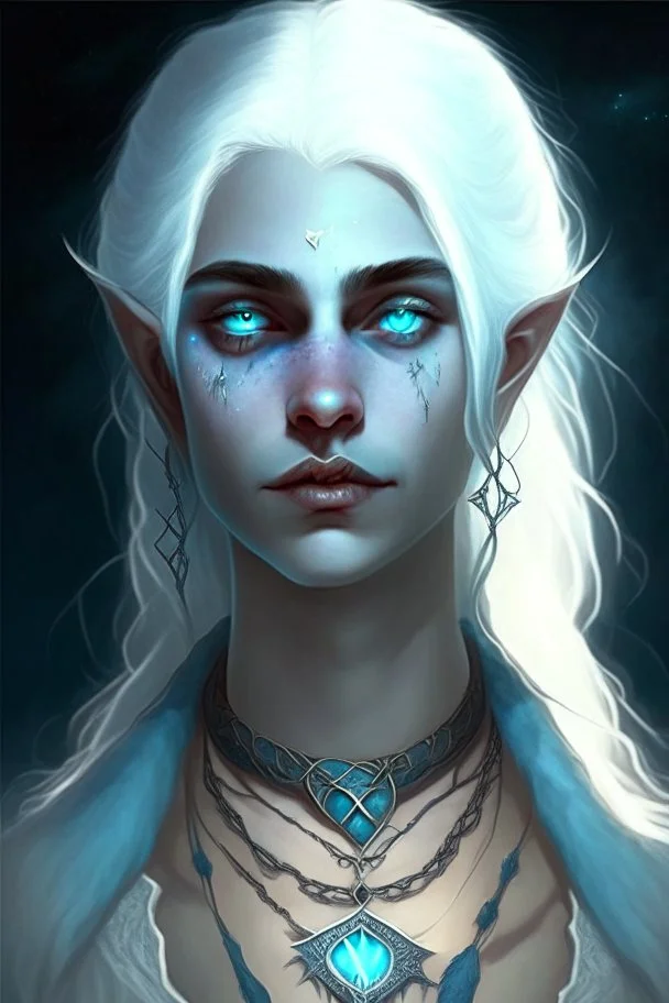 hauntingly beautiful character for dnd, young woman with white hair and blue eyes, angel, with moon necklace, fangs visible