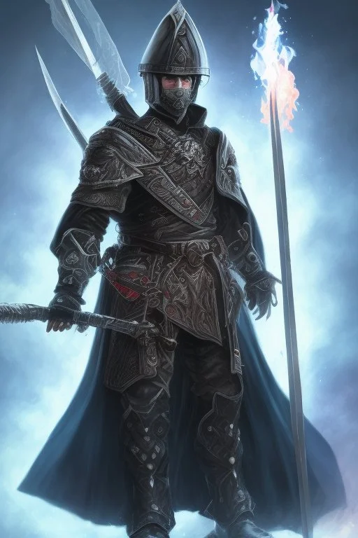 A warrior with a matte black combat helmet and eyes with bright blue flaming pupils, a black cape and a long coat with long combat boots and a long, sharp and fiery spear and with his helmet under his cape and two blue flames instead of eyes