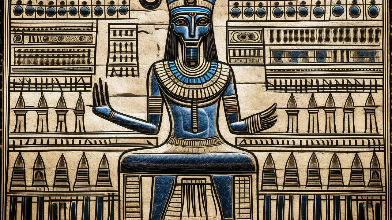 An ancient Egyptian mural of an Egyptian animal god using a TB-303 drum machine.