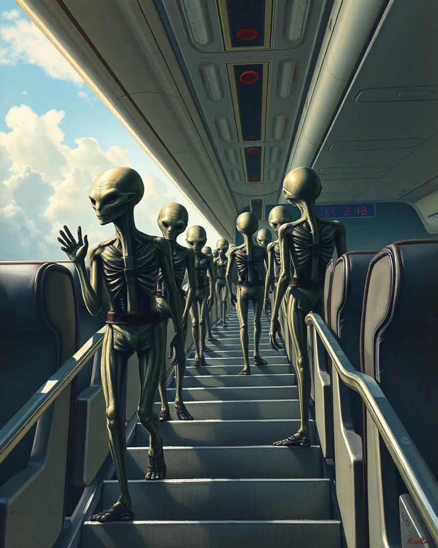 Bosch painting style , a aliens prisoners with hands strapped to the back and heads down are entering to a commercial airplane by stairs in rows