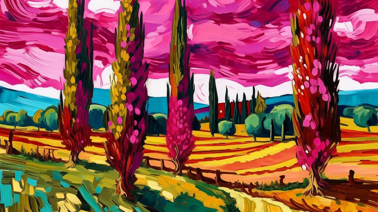 A magenta field with cypress trees near an Italian village painted by Vincent van Gogh