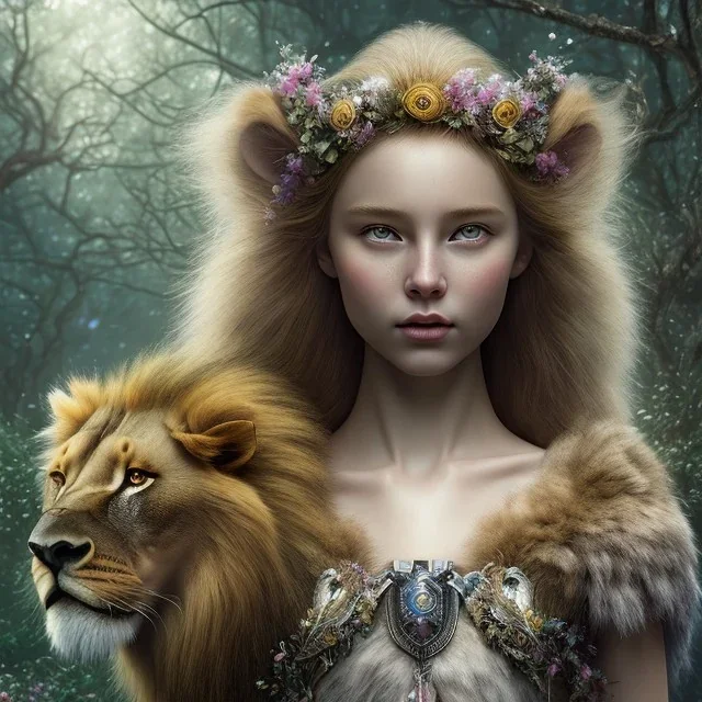 Young beautiful girl wearing floral crown and next to a stunning lion on nature forest path, Chronicles of Narnia, 8k resolution, high-quality, fine-detail, iridescent, intricate, digital art, detailed matte, volumetric lighting, beautiful, illustration, 3D octane render, brian froud, howard lyon, selina french, anna dittmann, annie stokes, lisa parker, greg rutowski,