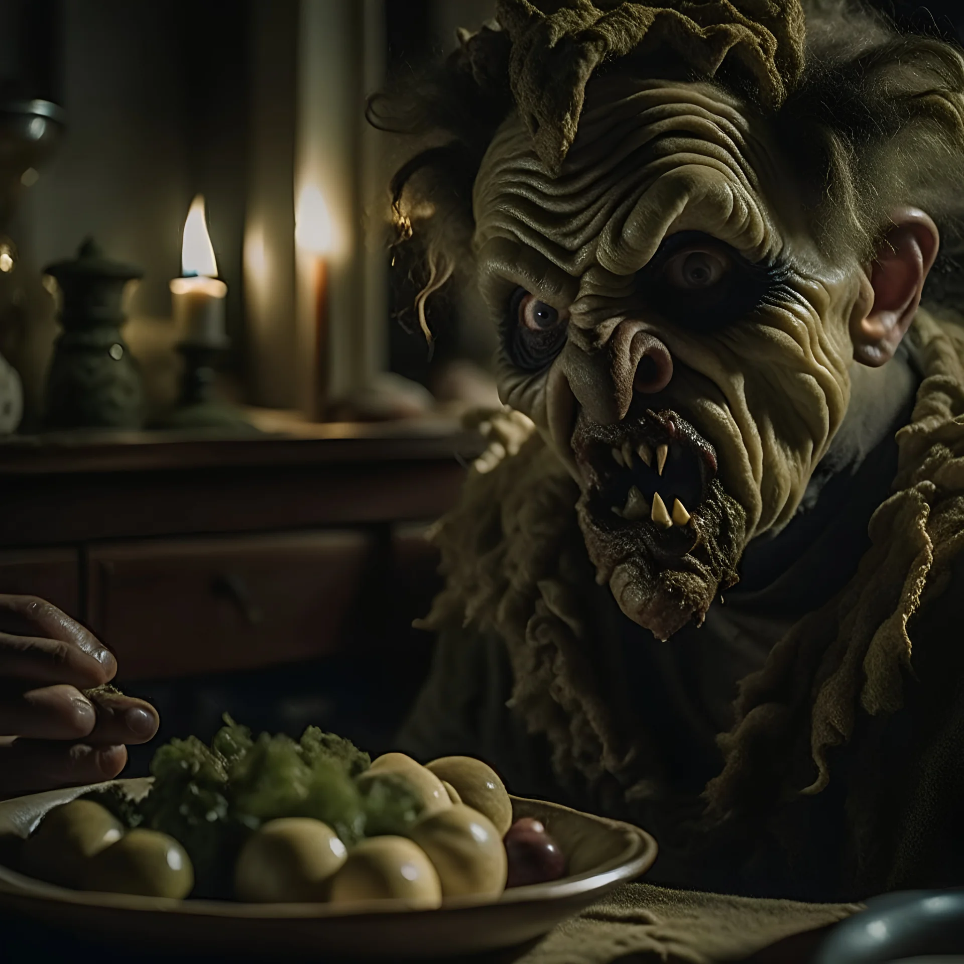 Strong texture, photorealism, Caravaggio, Arcimboldo. Intricate patterns, hypermaximalist. Photo made of inside house, an eerily mysterious, hidden and odd person is eating, a witchy house, sober style, pastel colors. Movie shot, spooky. Sinister scribbles, 33mm photography. Beasts