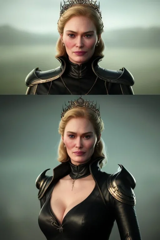 Cersei Lannister as evil queen in black leather, busty, cleavage, curvy, lena headay, angry, stern look. character design by cory loftis, fenghua zhong, ryohei hase, ismail inceoglu and ruan jia. unreal engine 5, artistic lighting, highly detailed, photorealistic, fantasy