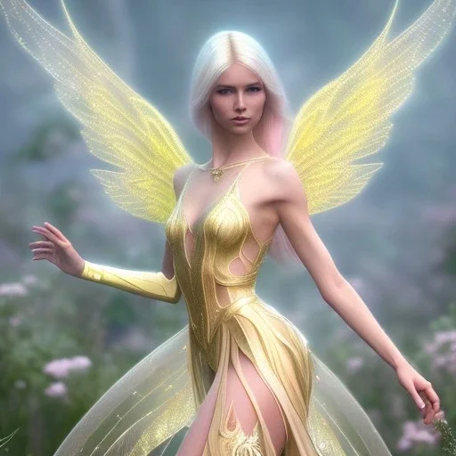 beautiful fairy very etheric, nice smiling, long blond hair, magic glamour pink make up, delicate colors, complete vision of very transparent golden and big wings, beautiful glamour transparent golden dress, ultra sharp focus, 8k, unreal engine 5, extremely sharp detail, light effect, soft light atmosphere, smooth, full of details, face in front, complete vision of face and hair and of the body