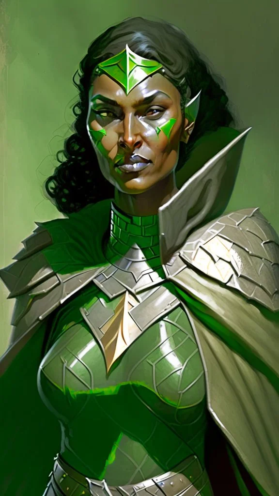 A tall human woman with tanned skin. Her face, marked by the years, always has a smirk on it, showing her superiority in the eyes of the others. She is dressed in grey armor and wears a half-green cape.