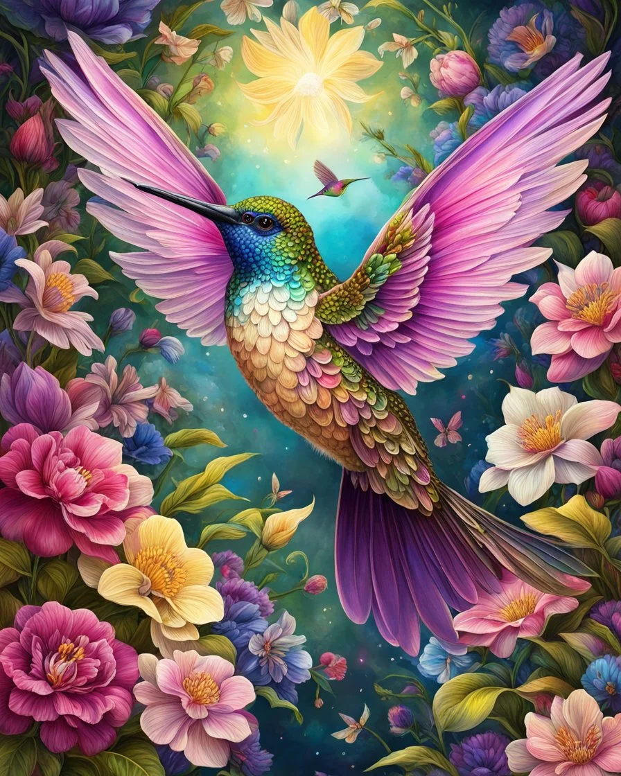 Full body cute floral hummingbird in spring flowers in the style of Josephine Wall, dark pink and beige, colorized, highres, detailed fur, realistic, vibrant, springtime, detailed eyes, professional, atmospheric lighting. High resolution, 8K,