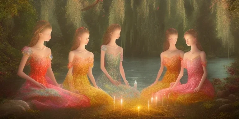 group of beautiful ladies in colourful dresses meditating in an enchanted forest with a lake at night, candles in the trees