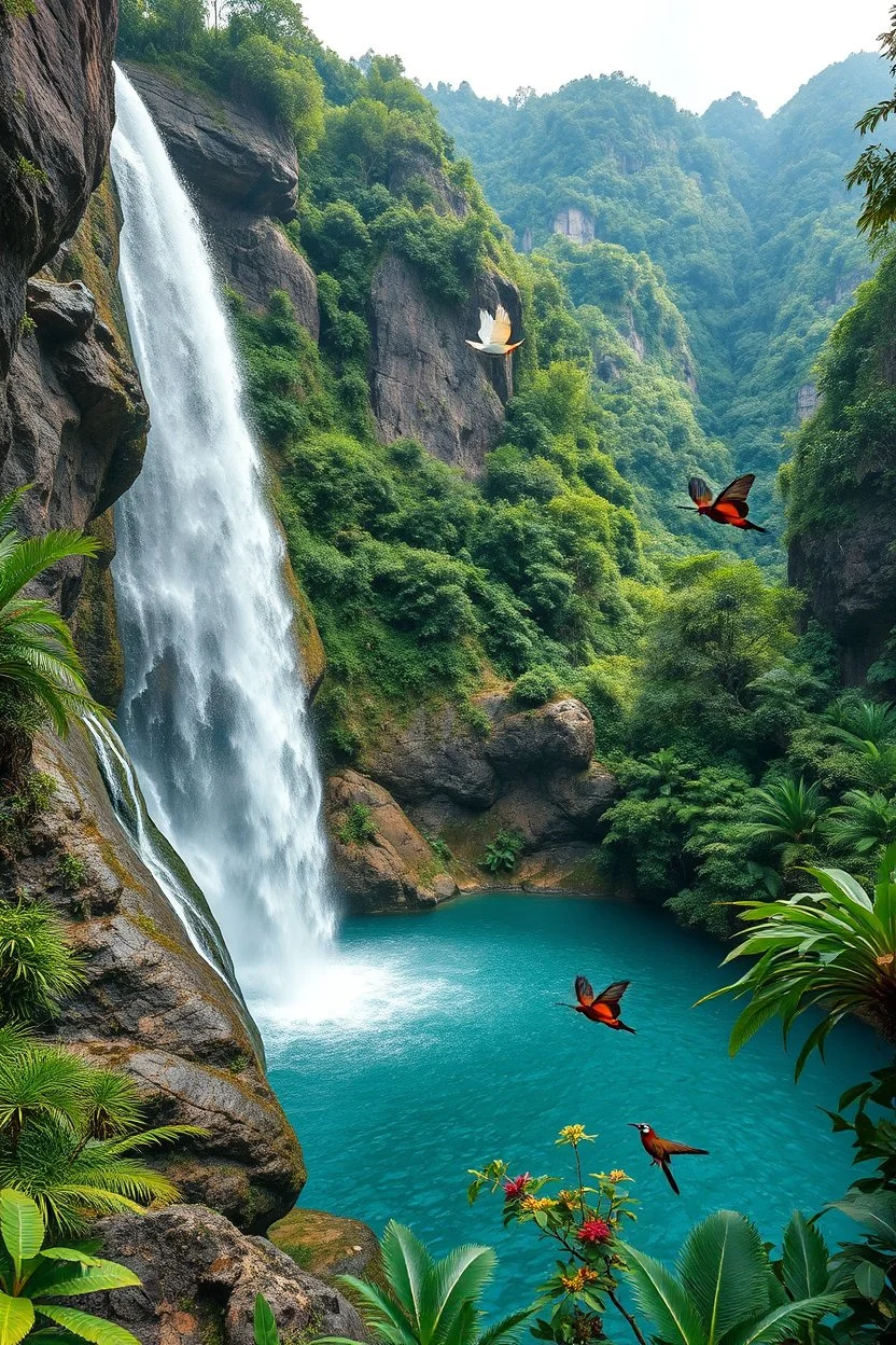 Ultra realistic landscape photo captured from the base of a majestic natural waterfall, crystal-clear water cascading over rugged rock cliffs into a pristine pool, viewpoint from beneath the waterfall looking out across a breathtaking tropical valley, lush exotic rainforest vegetation, diverse realistic tropical flora, colorful tropical birds perched on branches, butterflies flying naturally through the scene, dense jungle surrounding the area, soft morning sunlight filtering through the canopy,