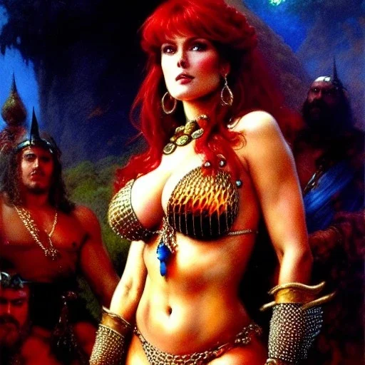 Drawing of beautiful face,'beautiful ,Busty Red Sonja',intense stare, ancient skintight armor, balanciaga fashion clothe painting by gaston bussiere, greg rutkowski, yoji shinkawa, yoshitaka amano, tsutomu nihei, donato giancola, tim hildebrandt, Oil on canvas, cinematic composition, extreme detail,fit full head inside picture,16k