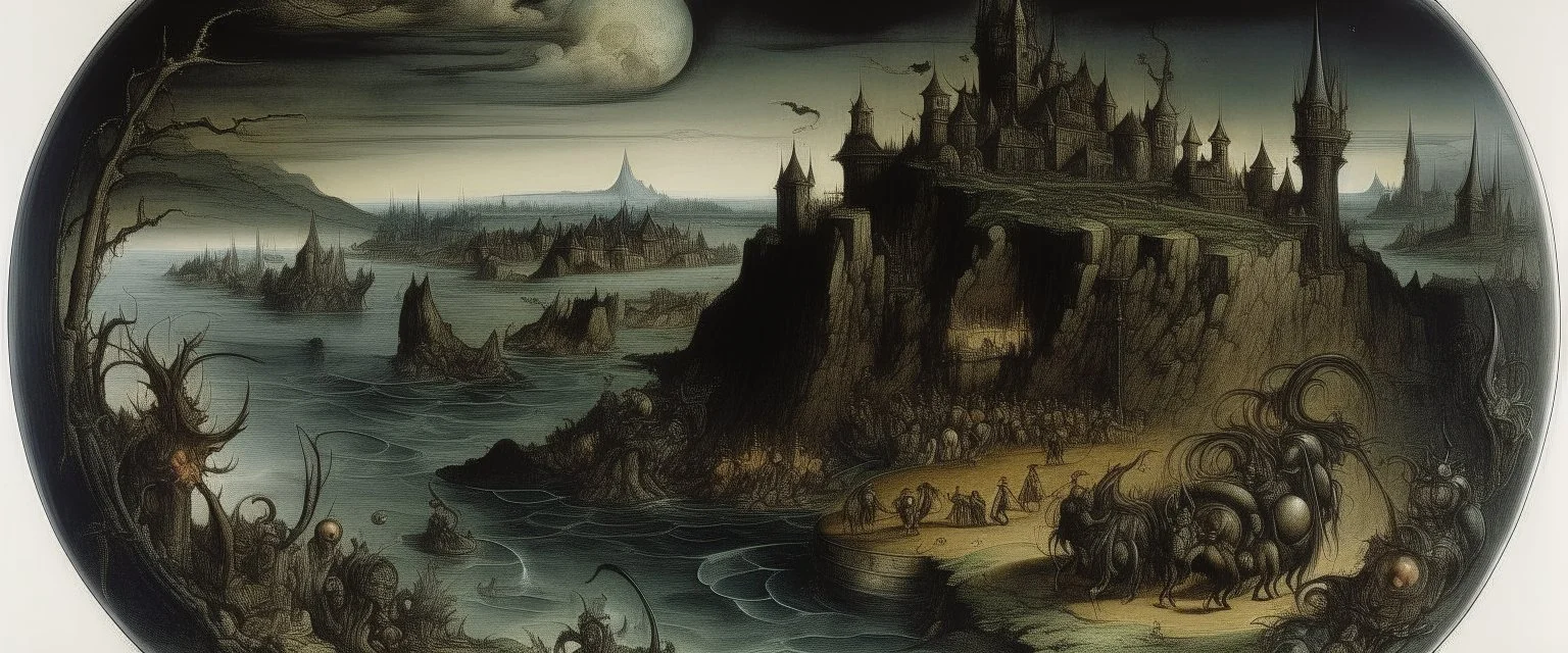 A brownish black isles with shadow monsters painted by Albrecht Durer