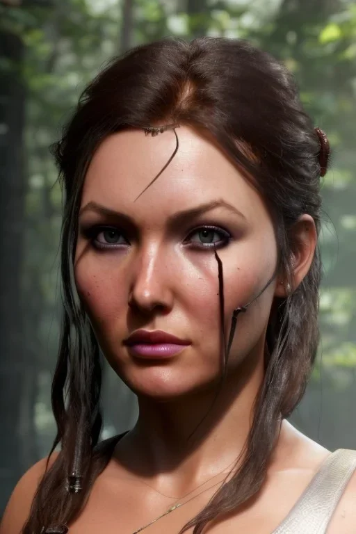 Camilla luddington face, big busty hitomi tanaka, texture skin,Crystal yellow eyes, long white hair, wearing The Lara Croft, realistic, 4k, intricate, best quality, fog particles, fire particles, octane render, vray, sword fire, rain