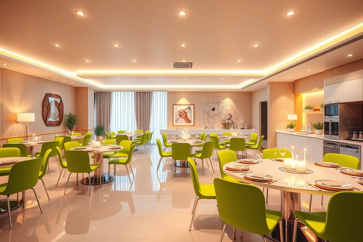 A 3D hyperrealistic image in 4K resolution of a modern party and birthday room approximately 100 square meters in size, with elegantly arranged tables, vibrant green chairs, and an abundance of warm soft light casting a celebratory ambiance, featuring a sleek kitchenette with stainless steel appliances and polished countertops, where guests can gather and mingle, surrounded by the warm glow of tabletop lamps and the subtle sheen of glossy flooring, with every detail meticulously rendered to crea