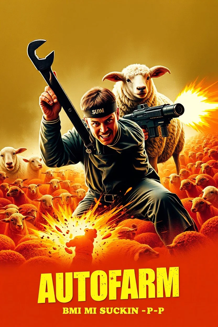 "Design a 90s-style action movie poster titled 'AUTOfarm.' Feature a heroic mechanic in the foreground, fiercely battling thousands of adversaries with a spanner. In the background, include a determined sheep wielding a machine gun. Capture the high-energy, gritty aesthetic of classic 90s action films, with intense and dynamic elements. Prominently display the subtitle 'BMI - BMI Suckin-p-p' in bold, impactful lettering."