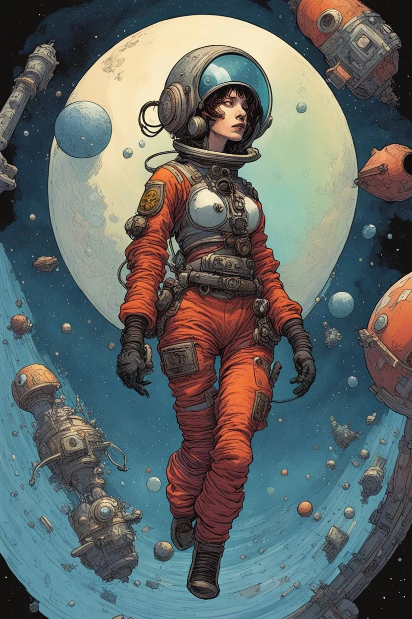 a starship pirate punk female captain in a deep-space diving suit, colorful , floating into the insane and confusing universe of the Angelarium colorful by Hergé, François Schuiten, Ivan Bilibin, Katsuya Terada, Mike Mignola, Paul Pope