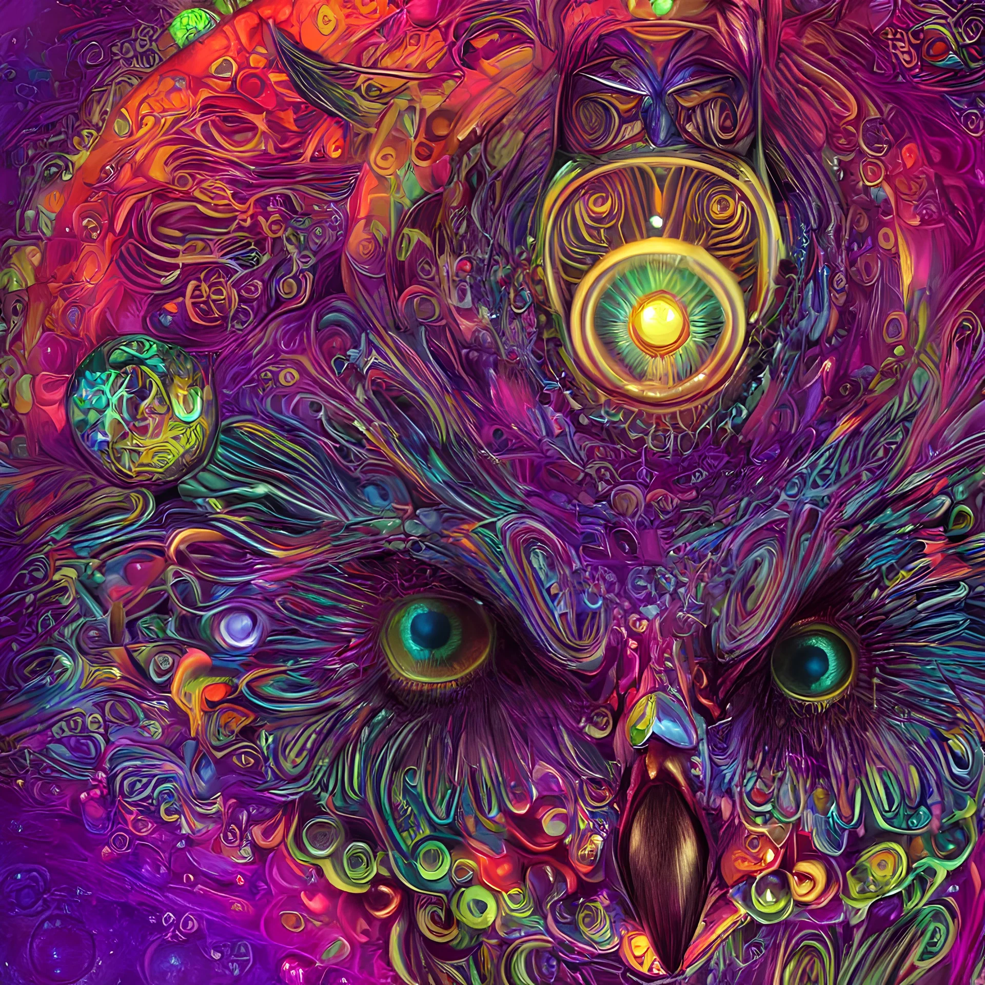 a ((centered)) ((((symetric)))) portrait of a psychedelic owl figure by naoto hattori, android jones and chris dyer, deep bold colors, galactic entity, depth of field, beautiful painting,, octane render, portal, 8 k, detailed vector, trending on artstation, cgisociety, wow!!!!!!!!!!