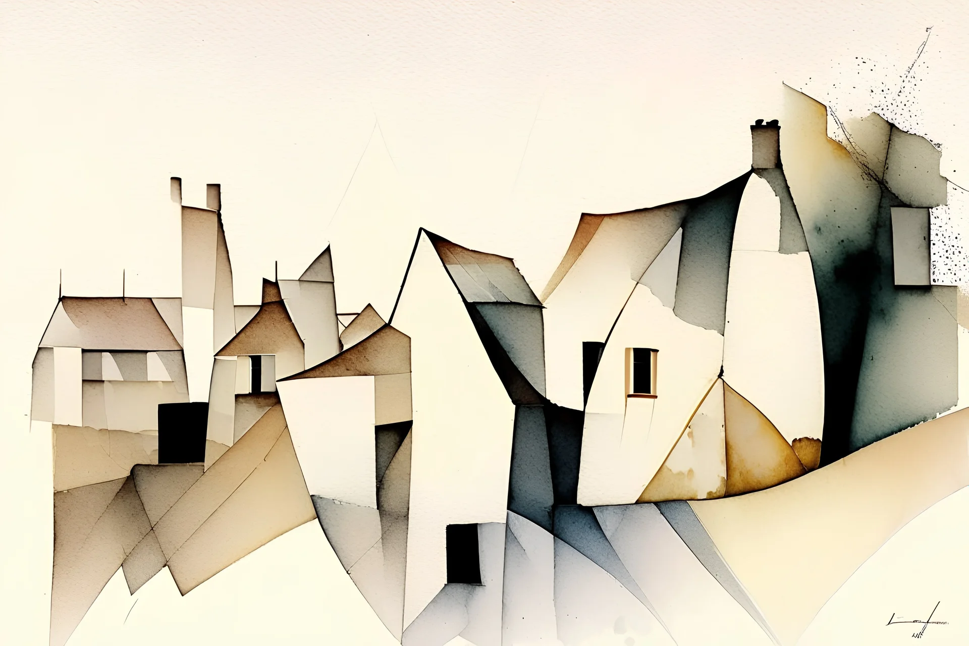 abstract minimalist geometric watercolour of a English village on rough textured bumpy plaster wall