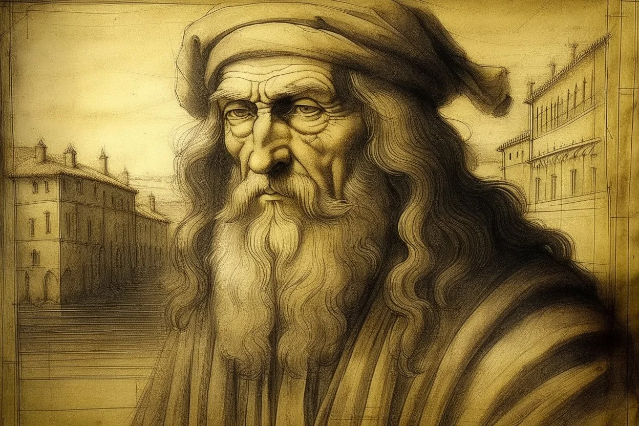 leonardo da vinci in firenze in sunshine, shading pastel and charcoal