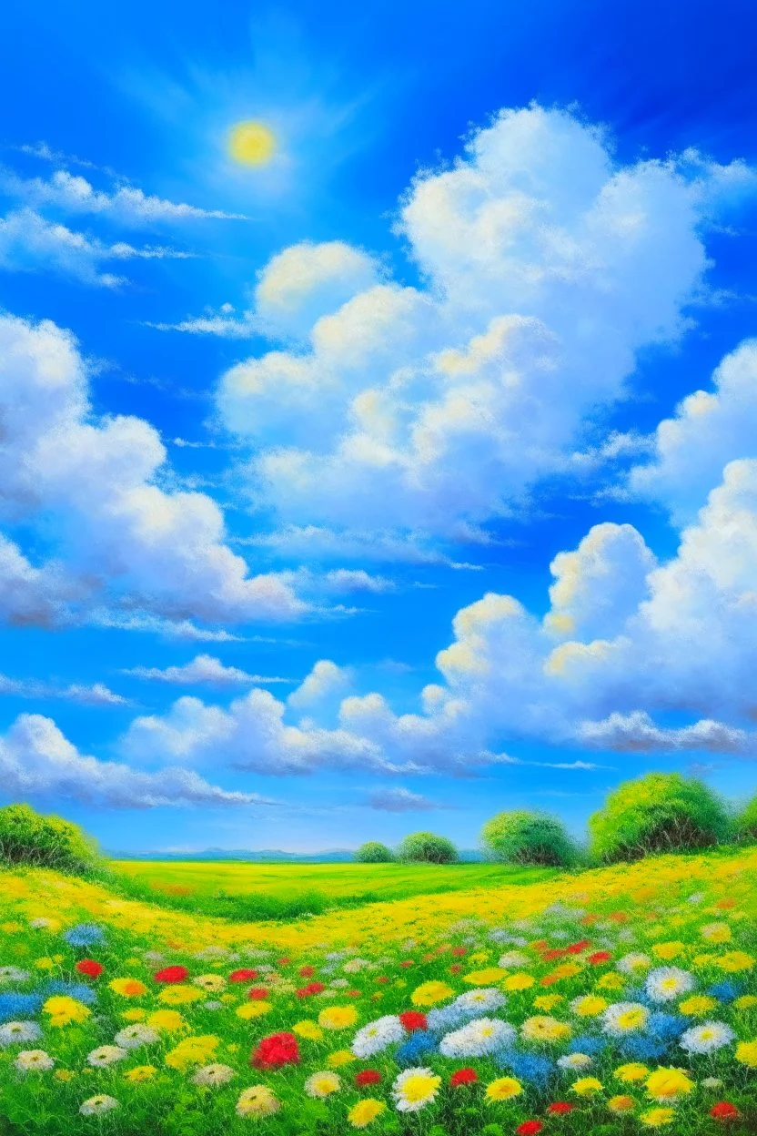 impressionism nature peace communication compassion tranquility blue sky meadow fluffy clouds flowers monet