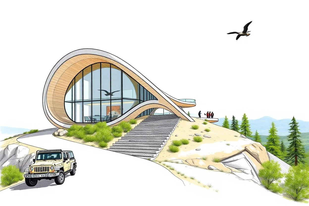 Architectural drawing of a futuristic cabin with a shape inspired by the infinity symbol in plan and the cross in elevation. Glass facades are sandwiched between the curved walls, which are steps leading up to a terrace. There is a driveway leading to the house on the side of the hill, with a luxury jeep parked. There are hikers in the distance and the silhouette of a bird in the clear blue sky and summer weather. green trees