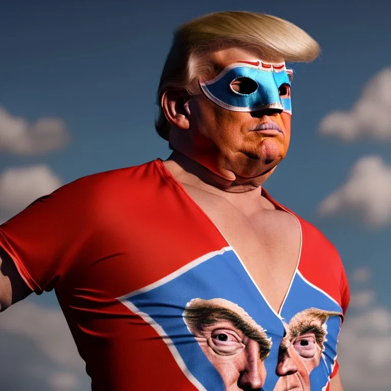 realistic image of donald trump as a mexican wrestling fighter posing, Mexican eyes wrestling mask, red and blue breeches, retro style, 80s, vibrant color, highly detailed, sky background, concept art, unreal engine 5, god rays, ray tracing, RTX, lumen lighting, ultra detail, volumetric lighting, 3d, finely drawn, high definition, high resolution.