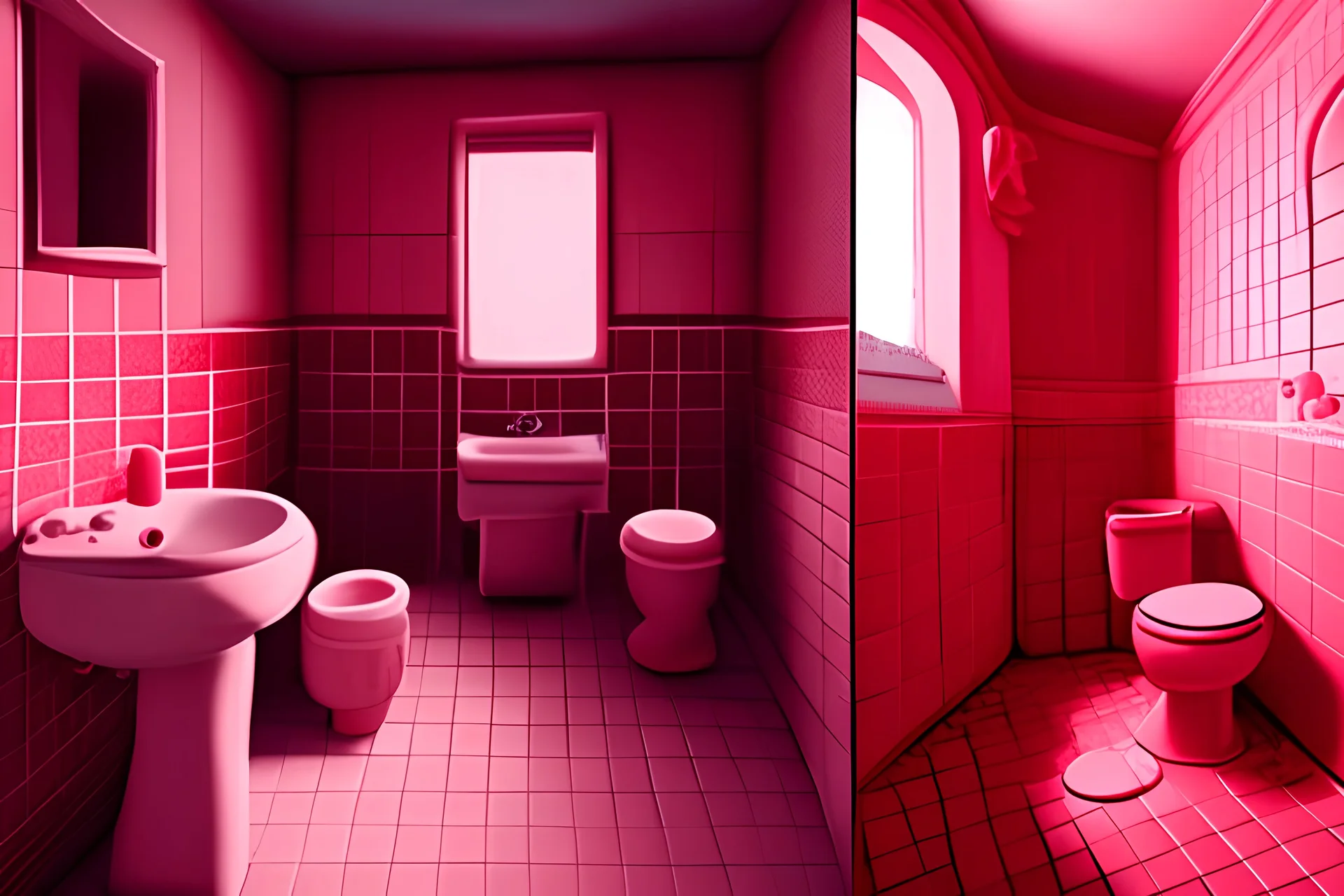 a realistic photo of a red tile bathroom with a bath tub in left and a pink toilet in right with hand washer