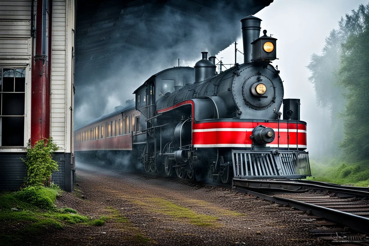 An old vintage train station on a foggy day, add deep dark color and reflections in and around the old stempunk train