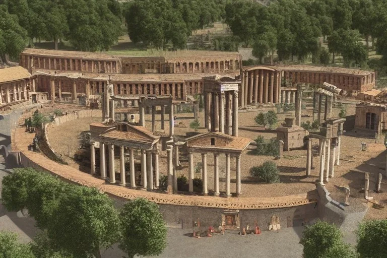 A realistic and historically correct impression of the forum Romanum in the year 0, ultra realistic, birds eye view, no ruins, vibrant colours, concept art