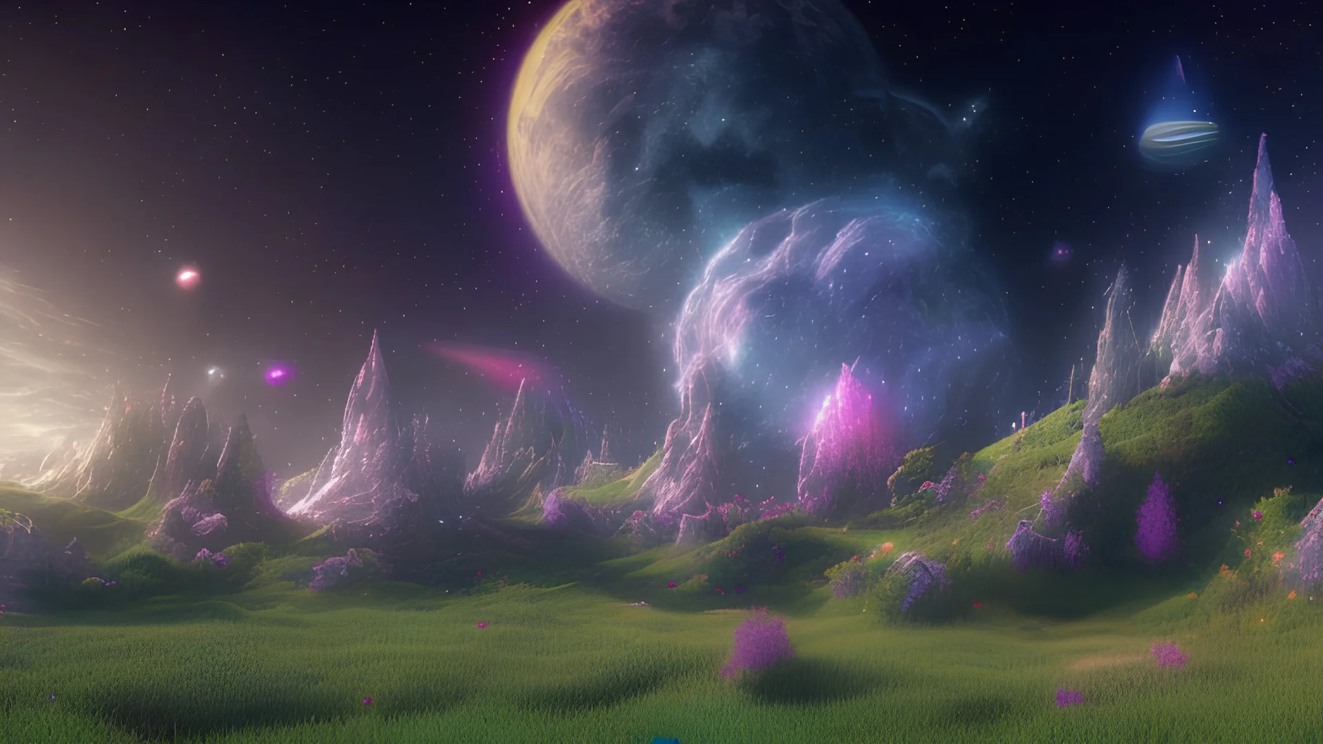 black crystal cosmic and galactic ambiance hill road grass sunny sky stars night surreal, full of details, smooth, bright sunshine，soft light atmosphere, light effect，vaporwave colorful, concept art, smooth, extremely sharp detail, finely tuned detail, ultra high definition, 8 k, unreal engine 5, ultra sharp focus white and violet landsacape with multicolored crystals falling from the sky, full of details, smooth, bright sunshine，soft light atmosphere, light effect，vaporwave col