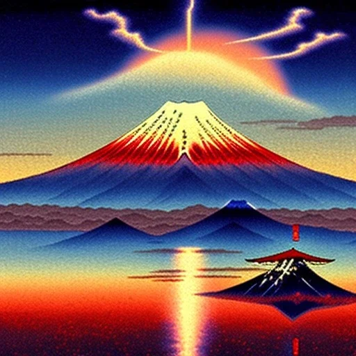 Ukiyo-e painting of a mount fuji at sunset