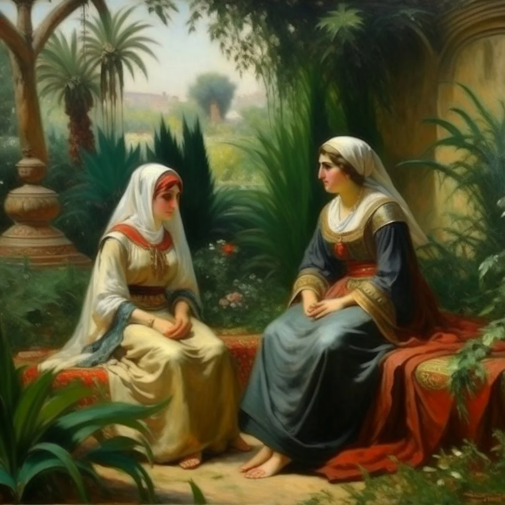 oriental arabic 2 woman sitting in a oriental garden painting neoclassim