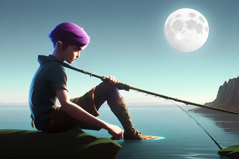 An extremely detailed, exquisite painting of boy sitting on a crescent moon fishing surrounded by the entire universe