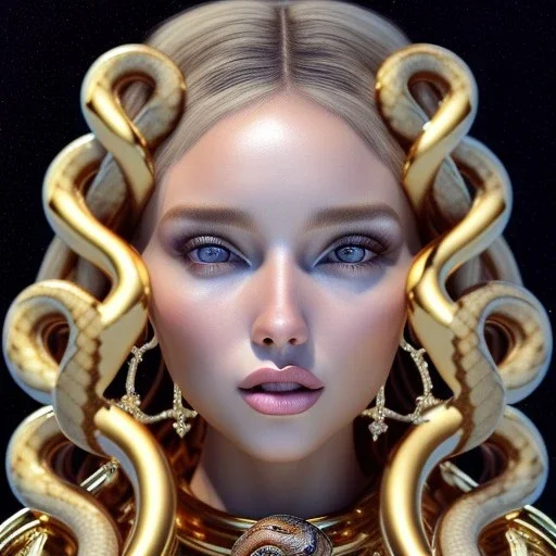 brown eyes, curly hair roll with snakes, blonde cute young woman singing at saturns europa moon, golden jewelry, ice cold, winter, magnificent, majestic, highly intricate, incredibly detailed, ultra high resolution, complex 3d render,renaissance painting