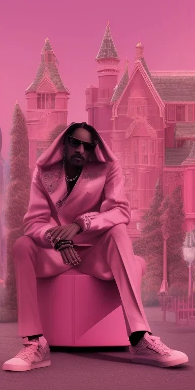 Snoop dogg. a chair. pink houses, pink sky, pink smoke, trees, outdoors