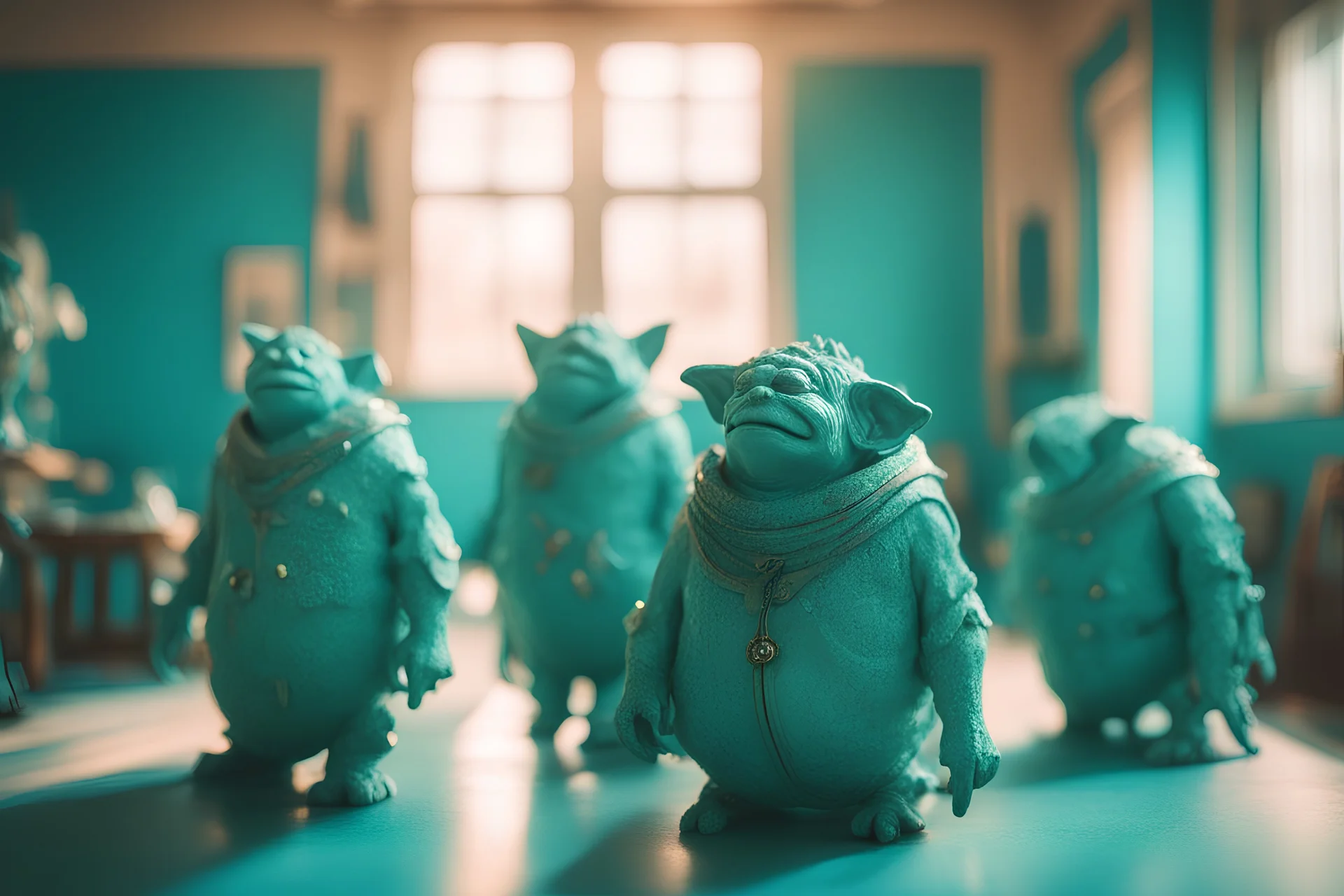 ugly Vogons in sunshine, in a turquoise room, ethereal, cinematic postprocessing, bokeh, dof