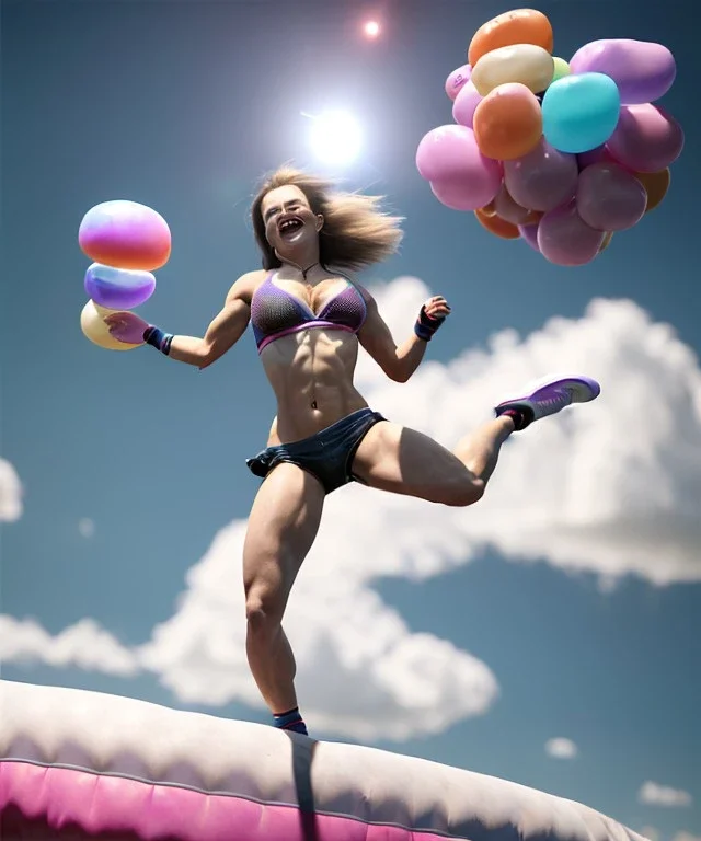 Ultra realistic speed clouds sky scene, wide angle view, sweet women falling down, inflatable color clothing, free jumping flying, many trinkets, hair monster, many jelly beans, balls, color smoke, smile, happy, circus style, extreme, wind, clouds sea, 20,000 feet altitude, stratosphere, soft color, highly detailed, unreal engine 5, ray tracing, RTX, lumen lighting, ultra detail, volumetric lighting, 3d, finely drawn, high definition, high resolution.