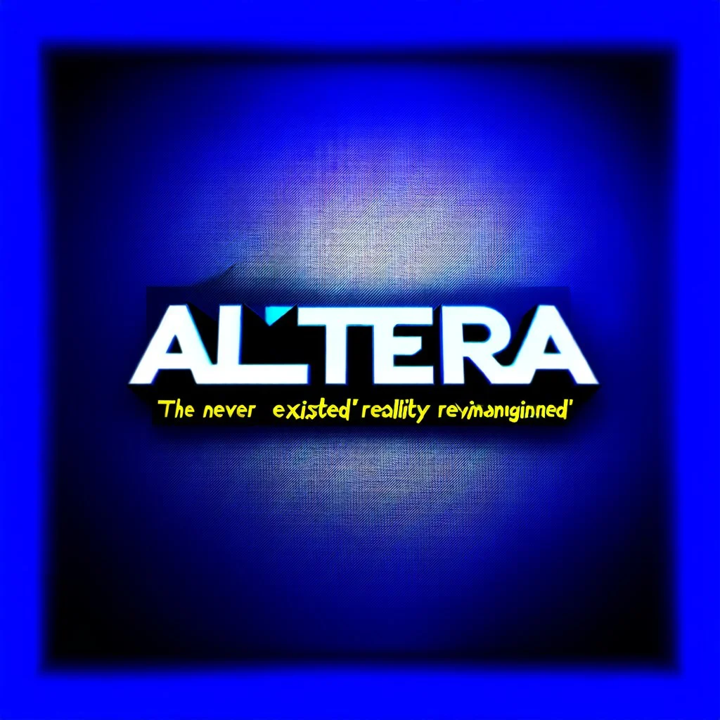 Can you create a nice cool logo for my account "Altera", with this texts in down "the world never existed" ,"reality ,reimagined",add 3d background, future modern city and futue moder industry ,3d text