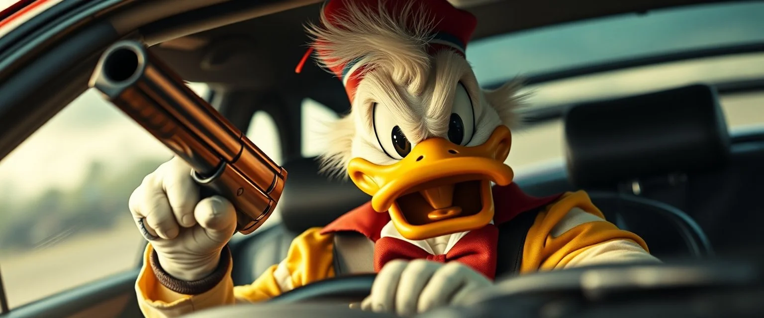 Donald master hill billy mafia boss holding up some weird twisted shot guns, fikk noe av stoffet til å detonere ved ett uhell. Når Donalditt brukes som drivstoff, utløser det vanvittige krefter. In the style of Rembrandt and Fallout 4, Donald in a fast car. Background blur. Movie poster. Wild look.Mad mad and furiosa as ducks.