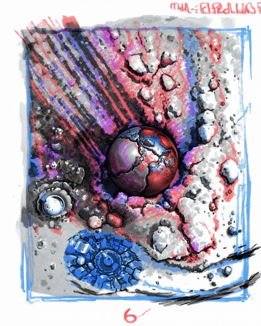 High-altitude lunar reconnaissance satellite image of a young impact crater with larger regolith along right ride. A damaged metallic alien sphere with fracture lines like an egg. organic growth across regolith and up crater walls. Along the lower frame edge a small modern bare-bones lunar-vehicle sits near the rim with visible wheel tracks. comic pencils