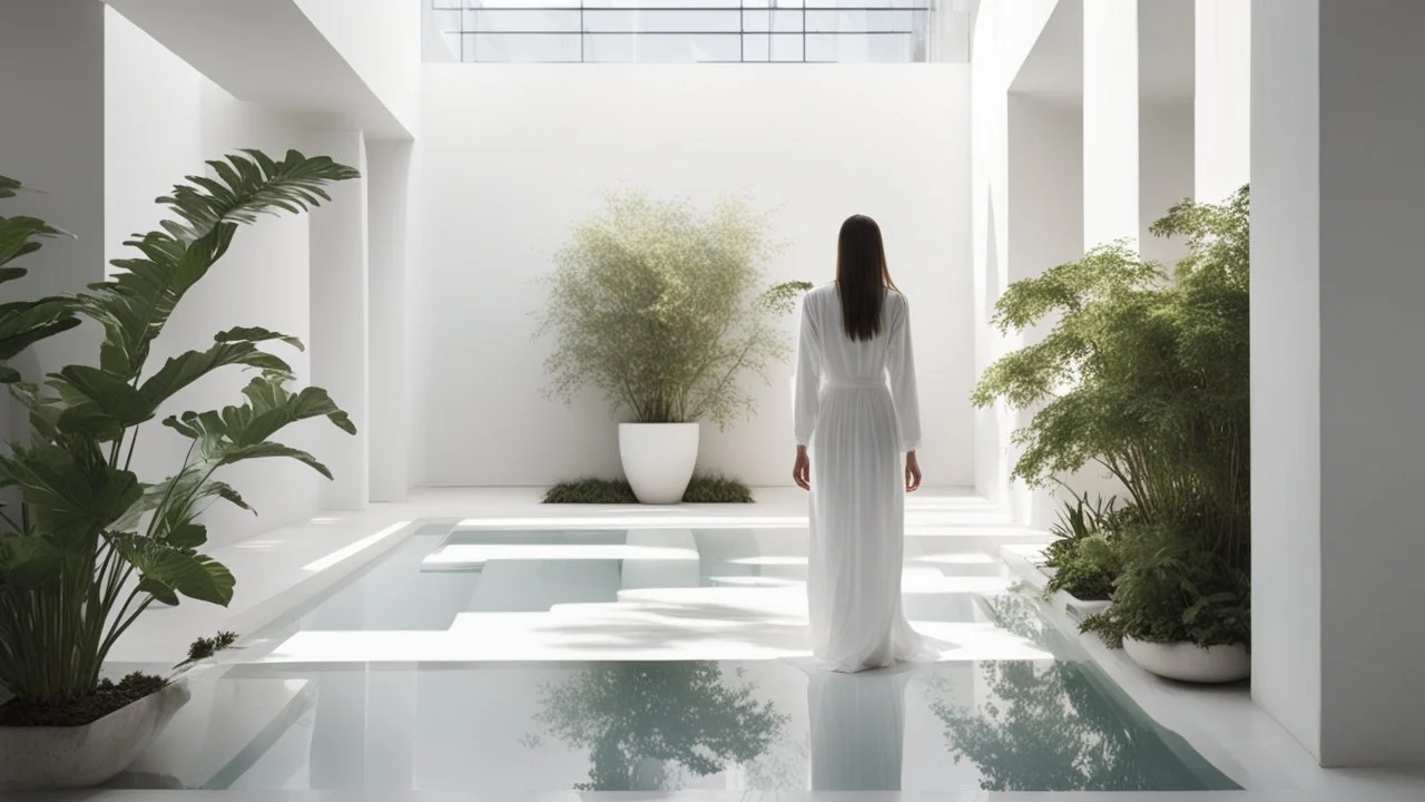 Woman in the foreground dressed in white in a bright white minimalist interior courtyard where the murmur of water whispers and the shadows of some leaves of nearby plants sway