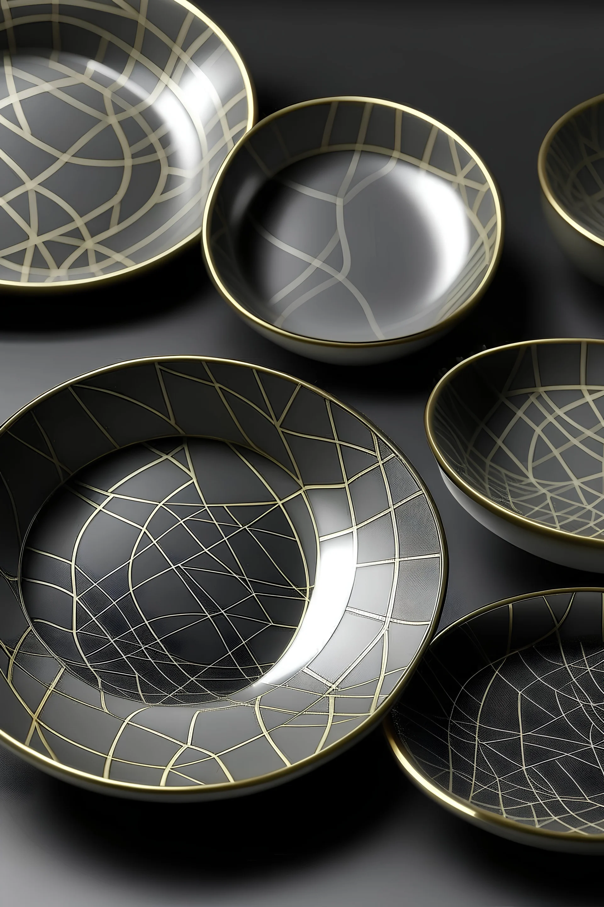 set of ten grey Ceramic plates with a printed large golden grid