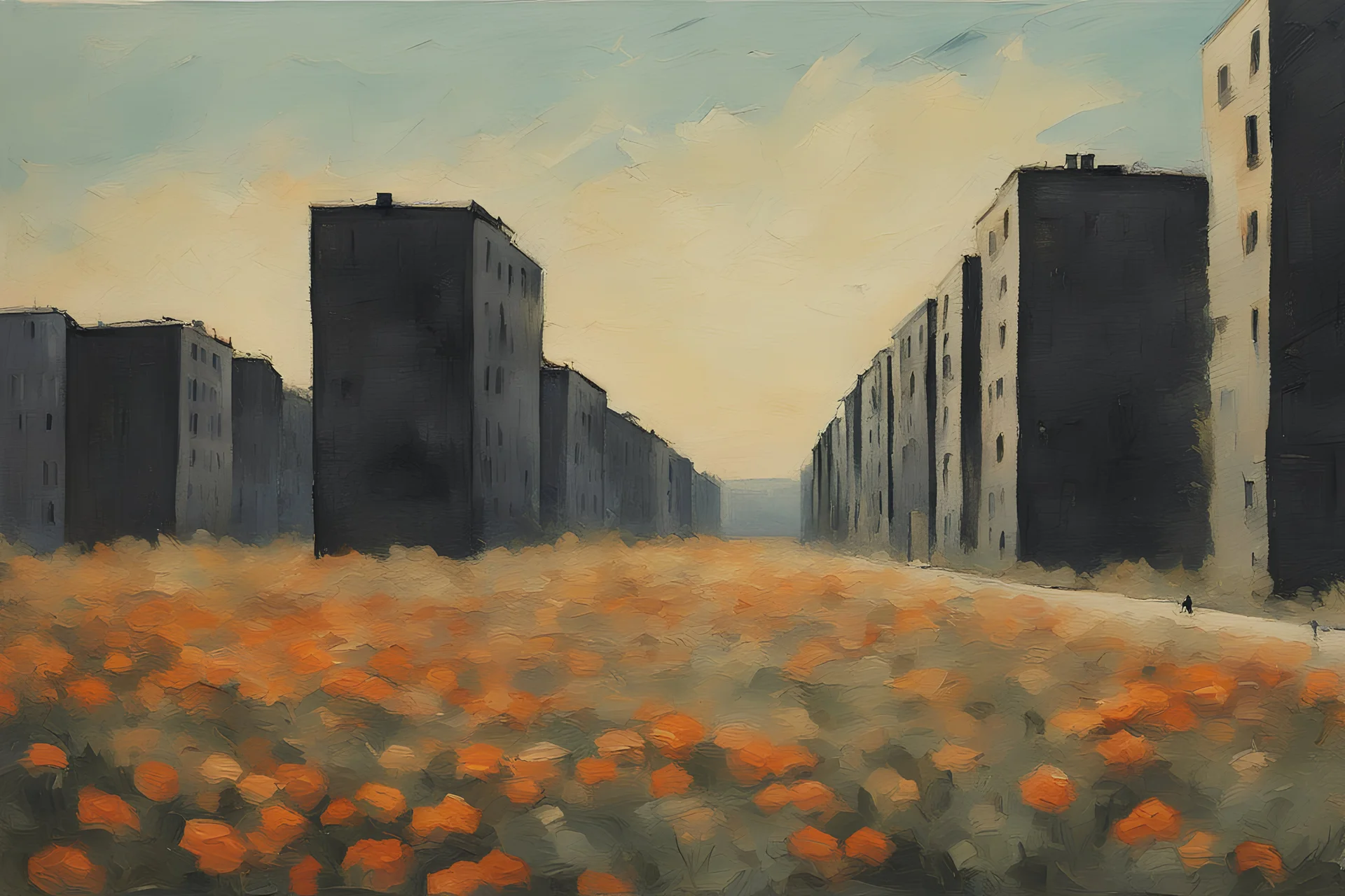 Strong brushstrokes of Impasto. The silhouette of a row of 10-storey prefabricated buildings in Eastern Europe in the south, in strong sunlight. A deserted city, the houses overgrown with vegetation. Close-up, a patch of flowers could be seen in a crack in the concrete road. Crows flit in the background.