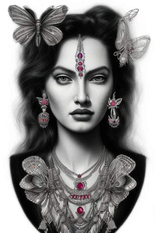 Surreal Pencil Drawing art, woman with jewelry, diamonds, rubies, beads, interactive details, large detail, flowers and butterflies, surreal style, thick black pencile, by bosh, dalí, kandinsky